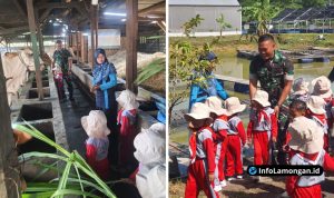 Foto : Anggota Satgas Pandu Sakti Serda Feri mengajak siswa PAUD berkeliling area pertanian terpadu